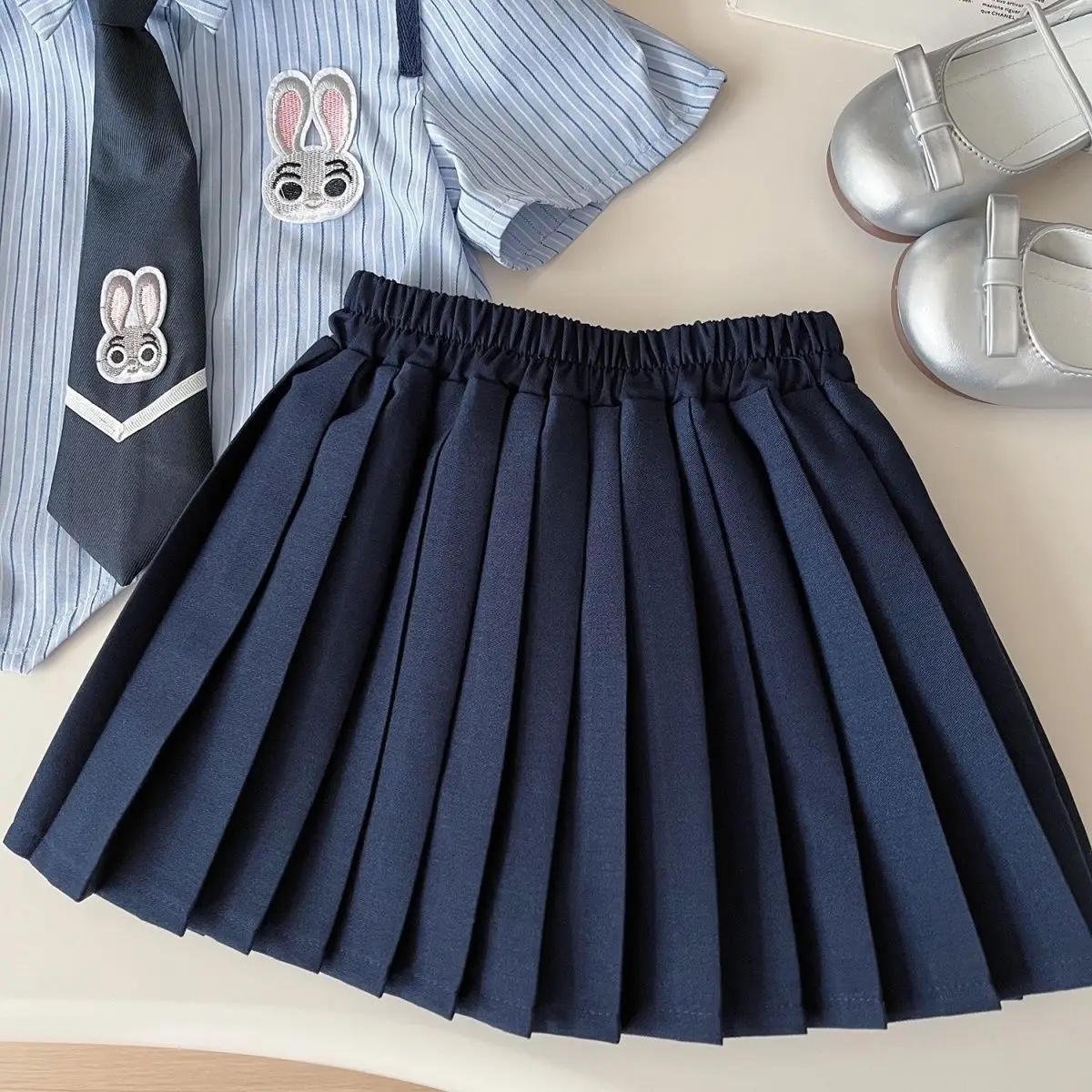Girls 2-Piece Summer Suit Blue Striped Skirt Set — feature 7
