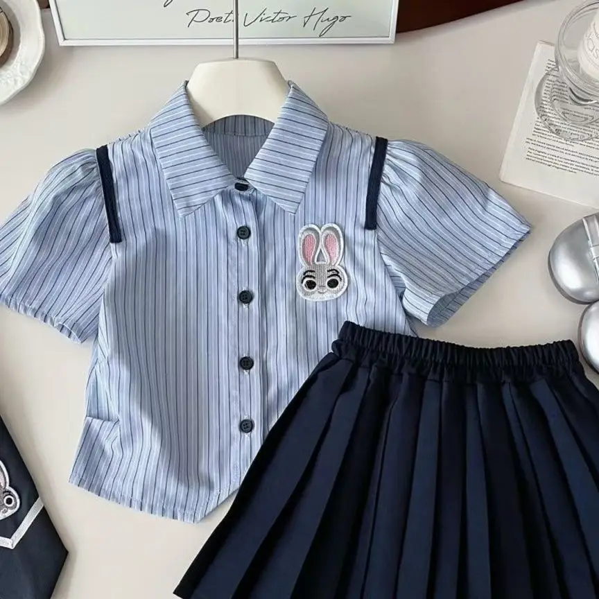 Girls 2-Piece Summer Suit Blue Striped Skirt Set