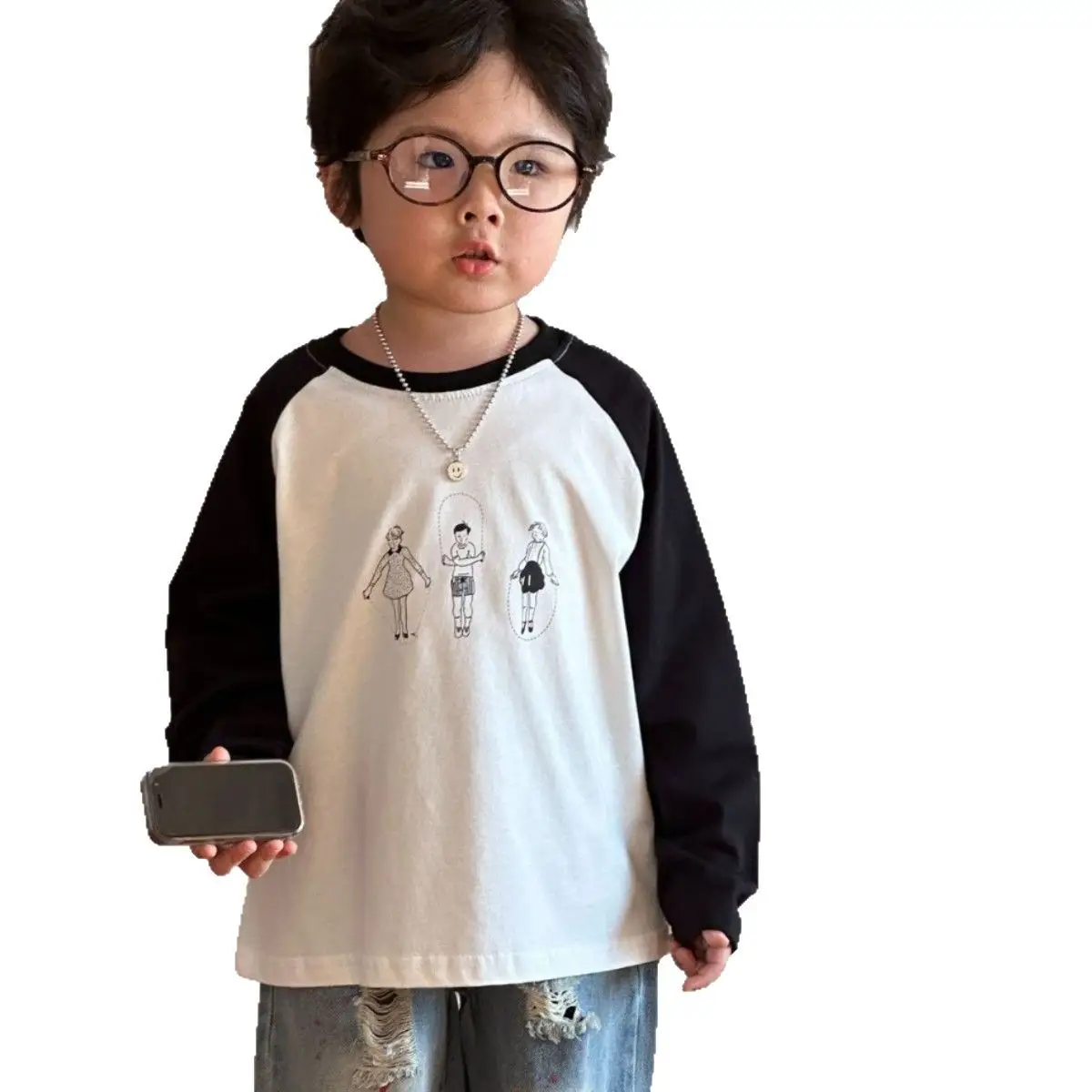 Montaigne Boys T-Shirt White Black Raglan Sleeve Print - Image 5