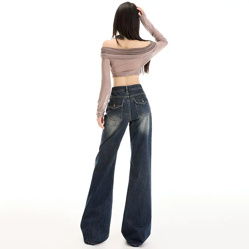 Young Orange# American Style Dark Blue Micro Jeans Women's Loose Fit