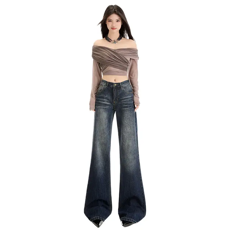 Young Orange# American Style Dark Blue Micro Jeans Women's Loose Fit