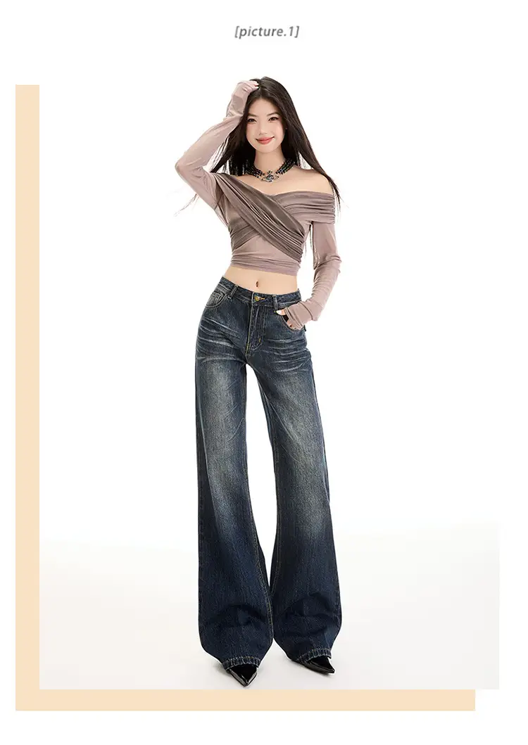 Young Orange# American Style Dark Blue Micro Jeans Women's Loose Fit — feature 10