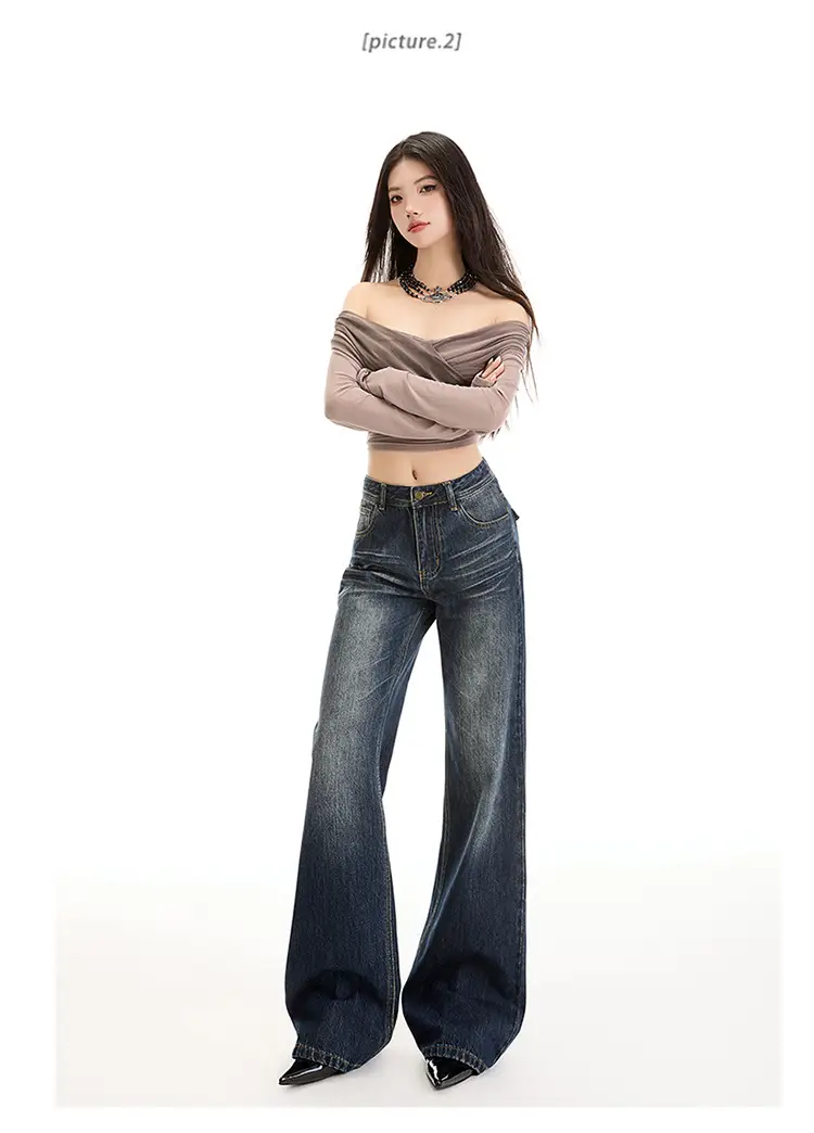 Young Orange# American Style Dark Blue Micro Jeans Women's Loose Fit — feature 11