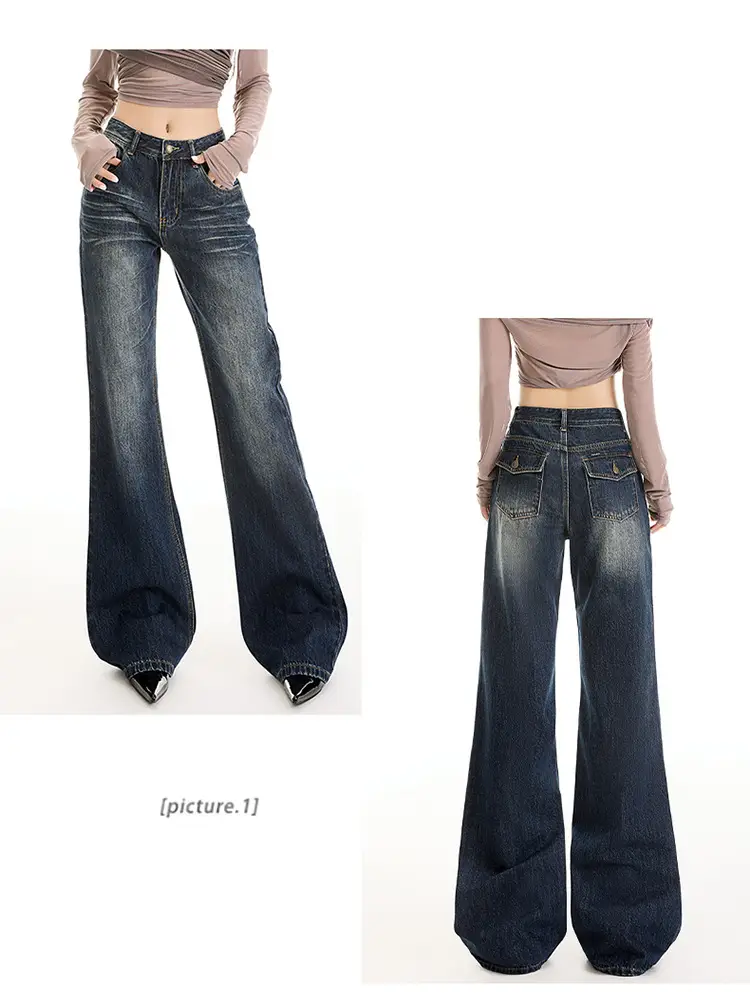 Young Orange# American Style Dark Blue Micro Jeans Women's Loose Fit — feature 12