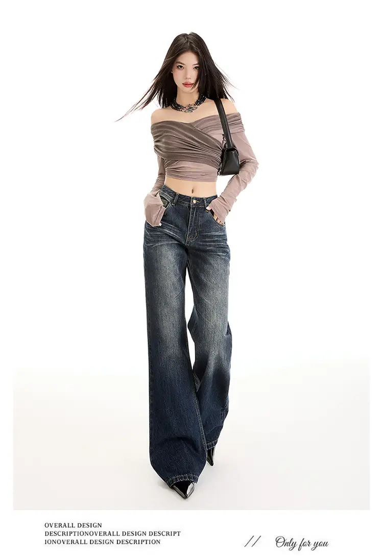 Young Orange# American Style Dark Blue Micro Jeans Women's Loose Fit — feature 16