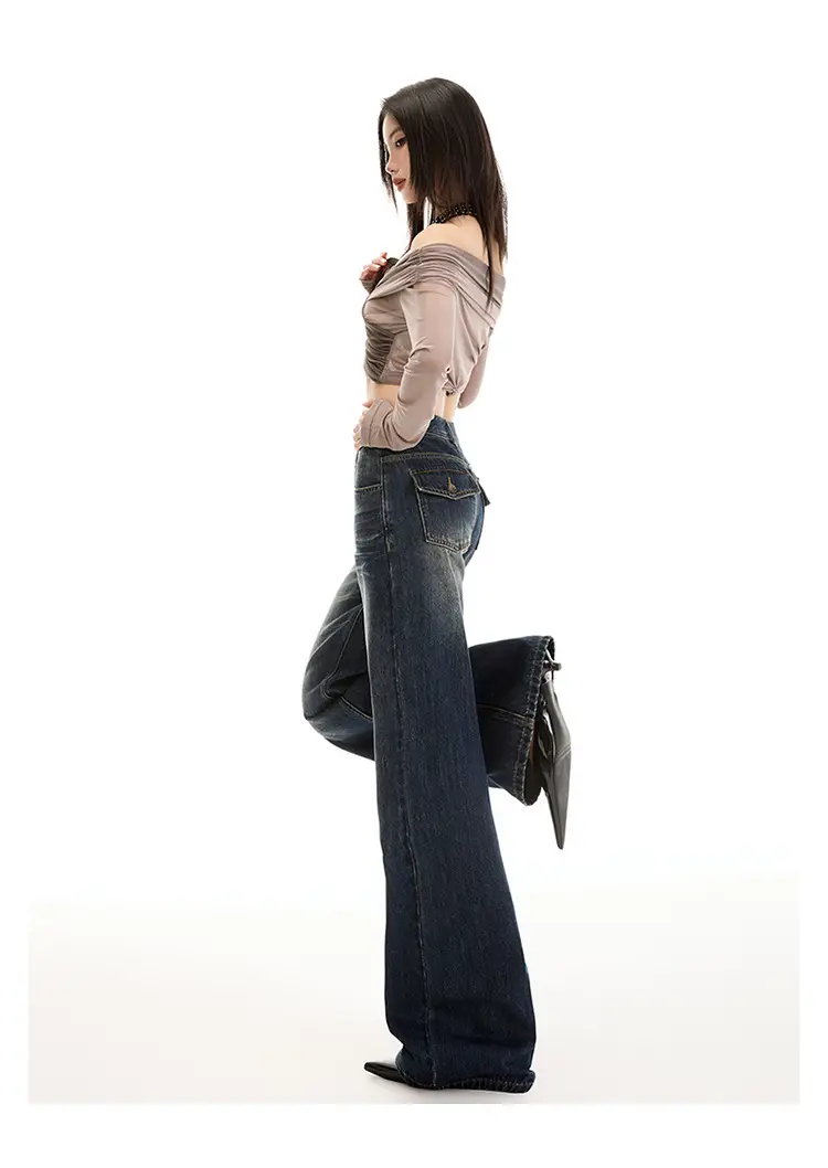 Young Orange# American Style Dark Blue Micro Jeans Women's Loose Fit — feature 18