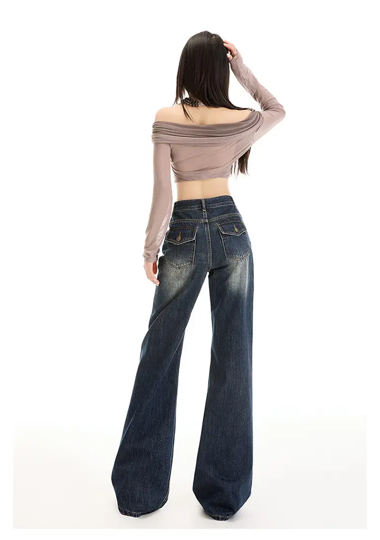 Young Orange# American Style Dark Blue Micro Jeans Women's Loose Fit — feature 19