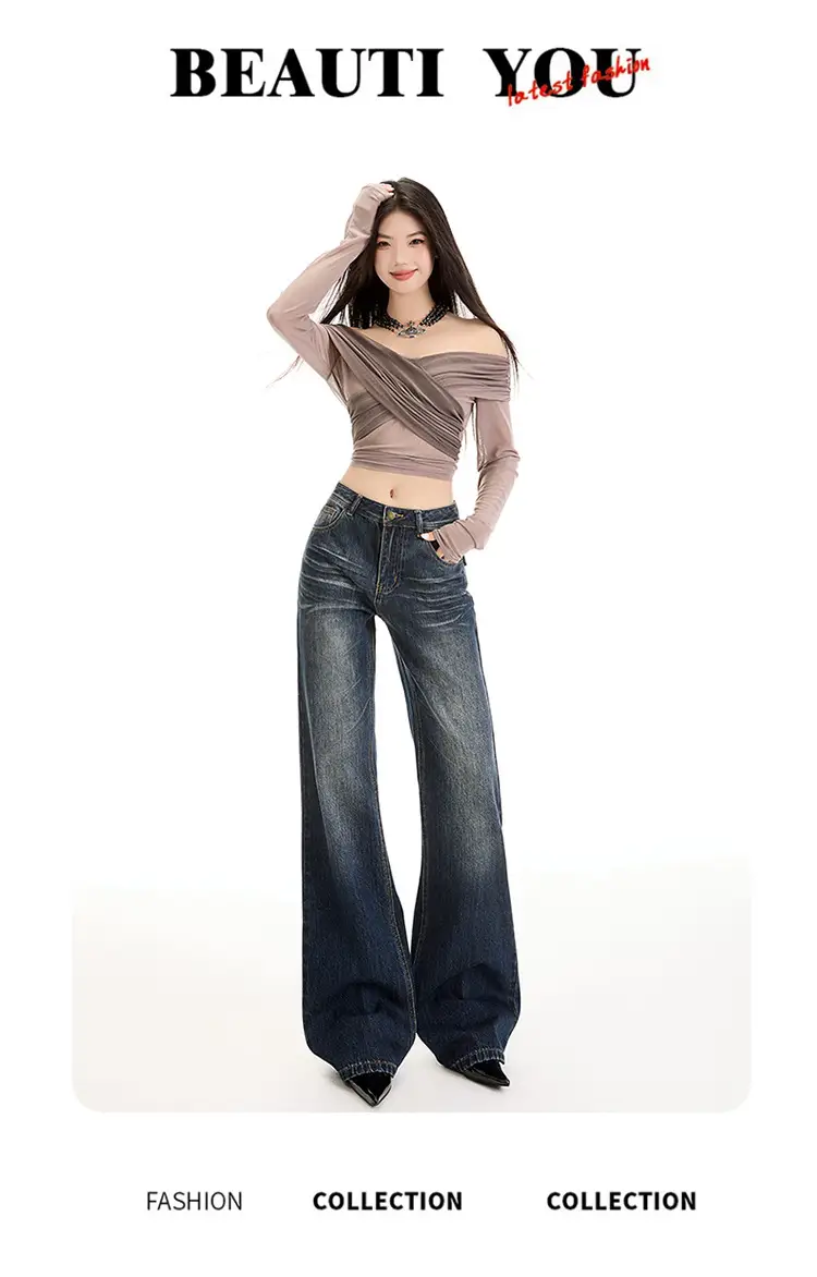 Young Orange# American Style Dark Blue Micro Jeans Women's Loose Fit — feature 4