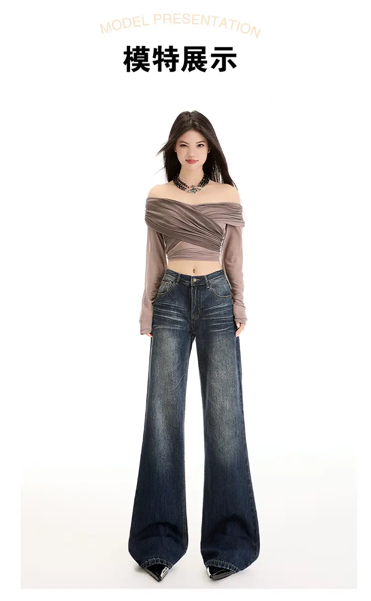 Young Orange# American Style Dark Blue Micro Jeans Women's Loose Fit — feature 9