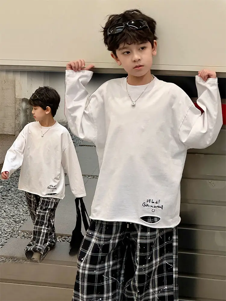 Boys Long Sleeve T-Shirt White Plaid Pants Spring 2025 - Image 4
