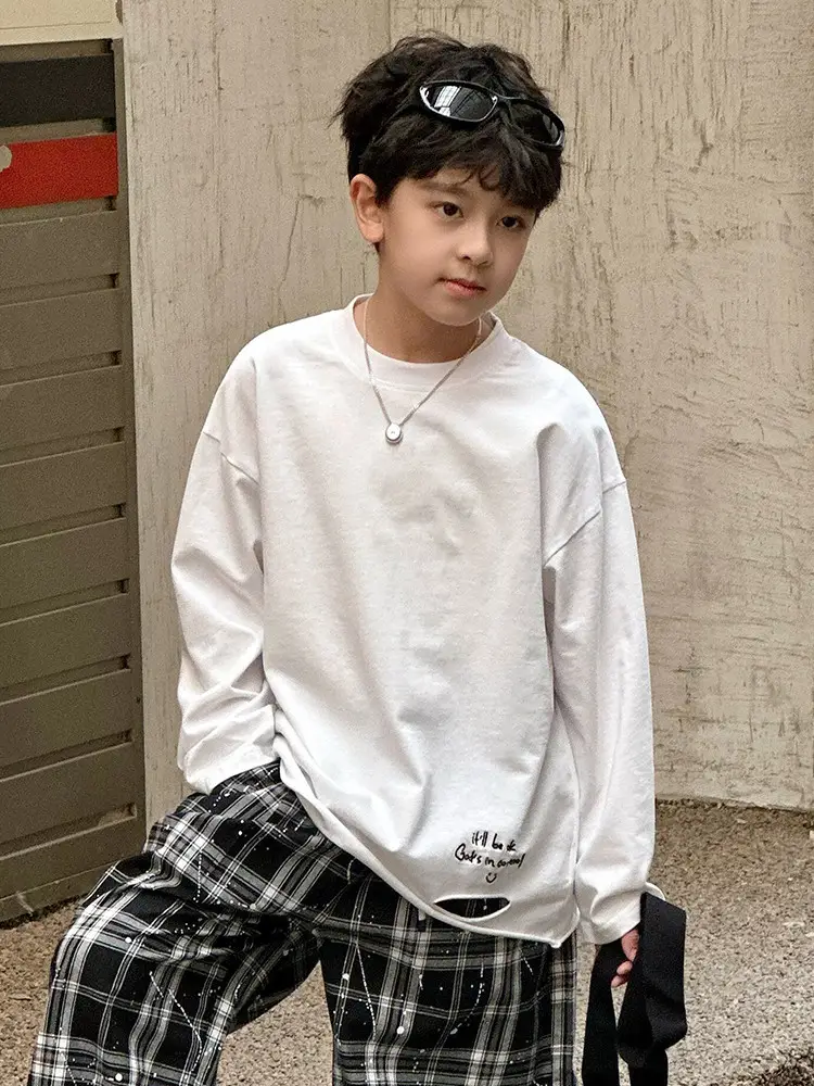 Boys Long Sleeve T-Shirt White Plaid Pants Spring 2025 - Image 6