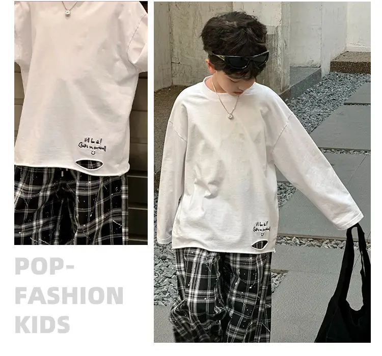 Boys Long Sleeve T-Shirt White Plaid Pants Spring 2025 — feature 24