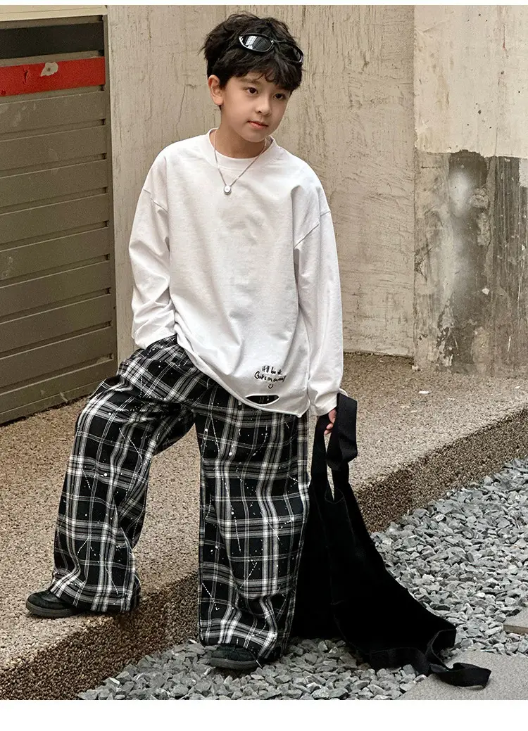 Boys Long Sleeve T-Shirt White Plaid Pants Spring 2025 — feature 26