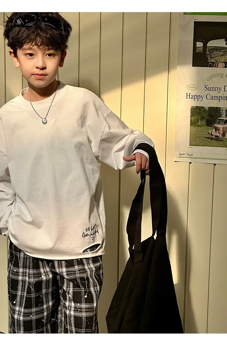 Boys Long Sleeve T-Shirt White Plaid Pants Spring 2025 — feature 28