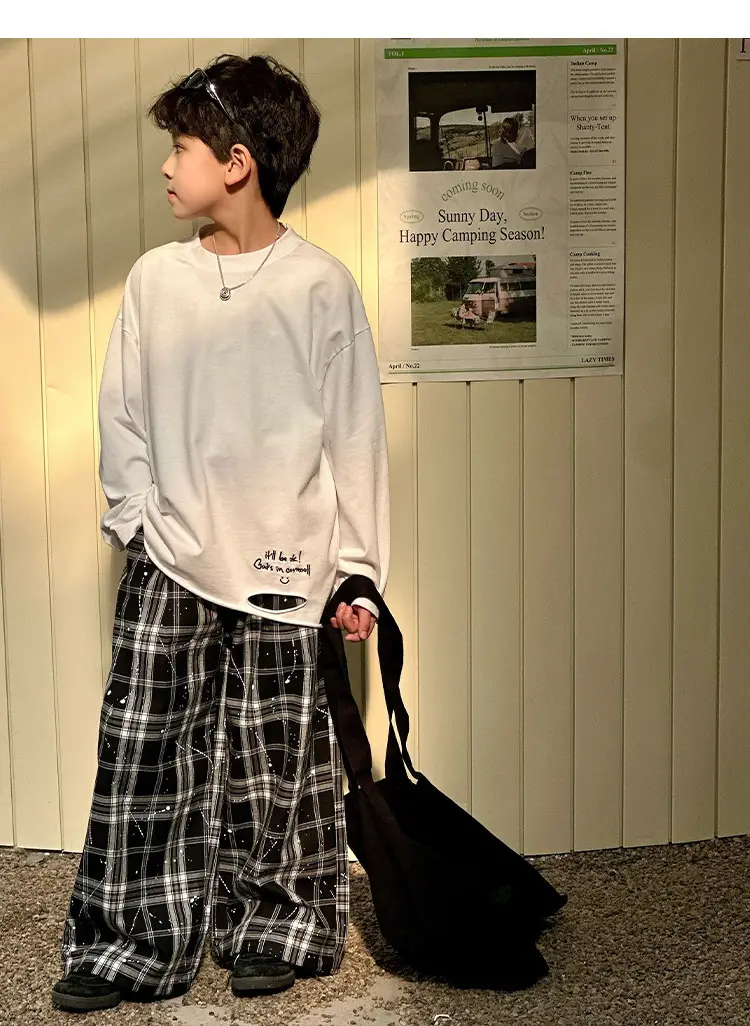 Boys Long Sleeve T-Shirt White Plaid Pants Spring 2025 — feature 31