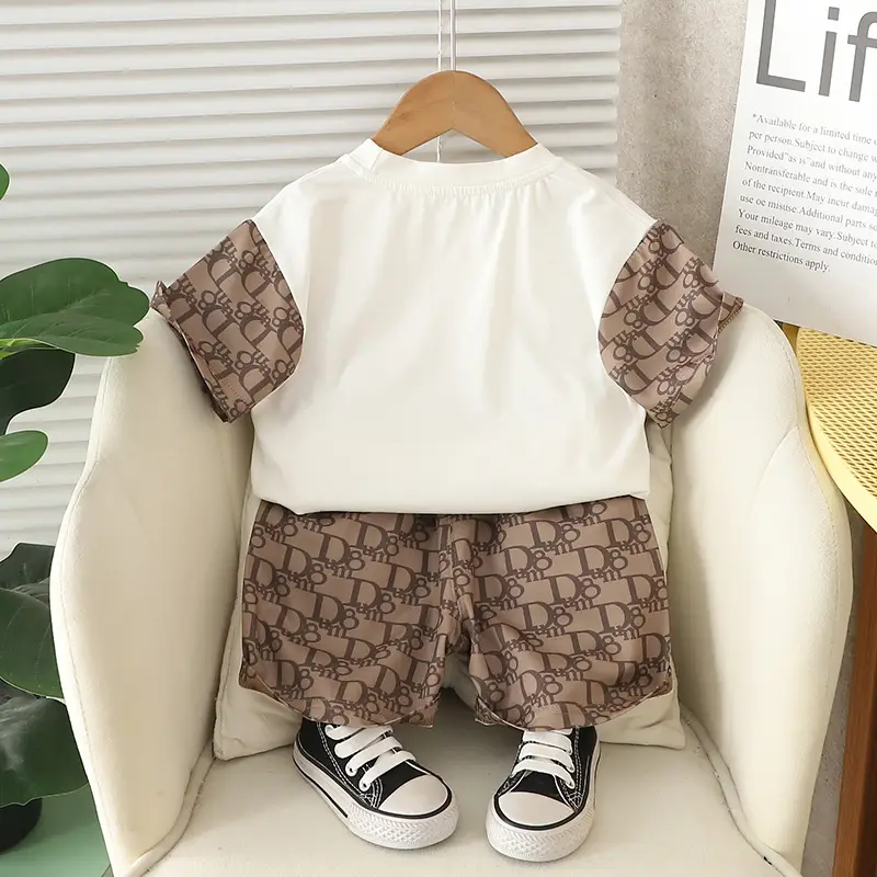 Boy's Printed Letter Summer Suit White Brown - Image 4