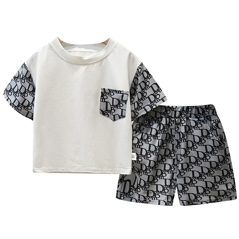 Boy's Printed Letter Summer Suit White Brown - Image 5