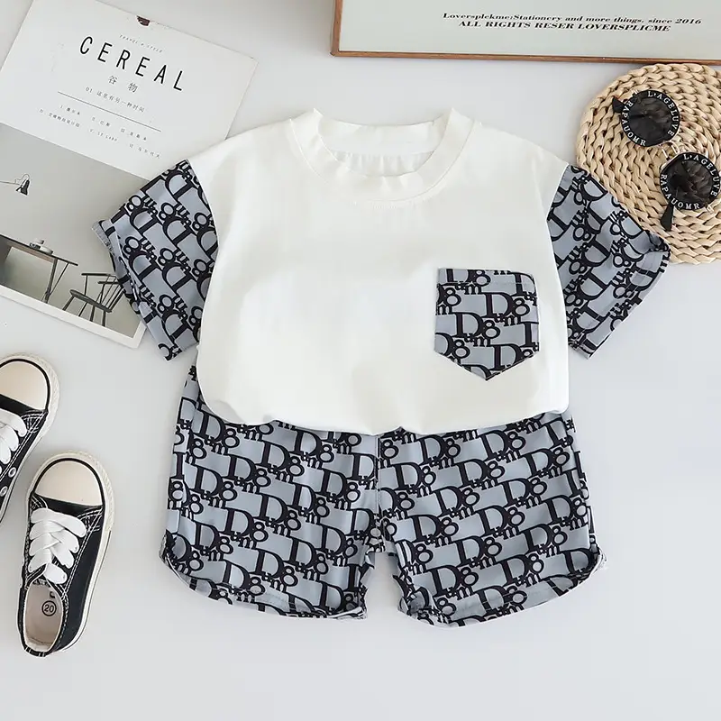 Boy's Printed Letter Summer Suit White Brown — feature 2