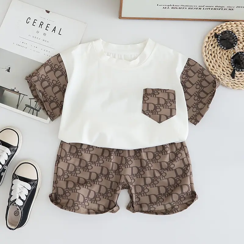 Boy's Printed Letter Summer Suit White Brown — feature 4