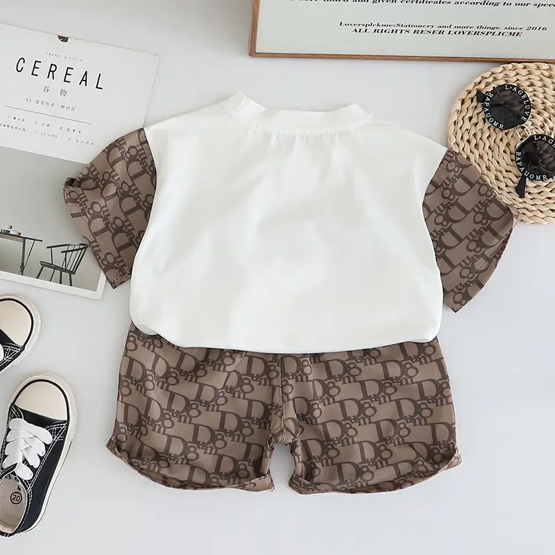 Boy's Printed Letter Summer Suit White Brown — feature 6