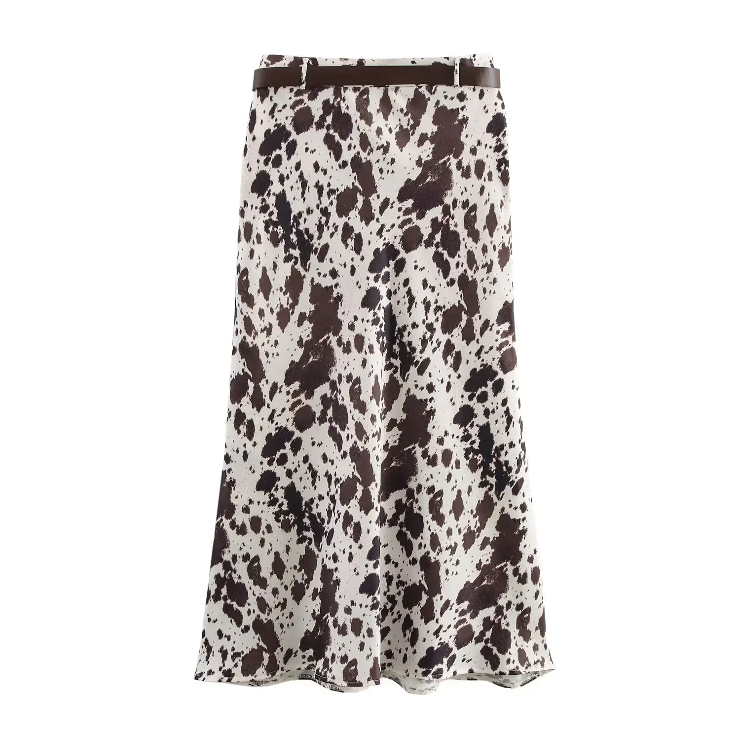 Cow Print Belted Silk Satin Mid-Length Skirt