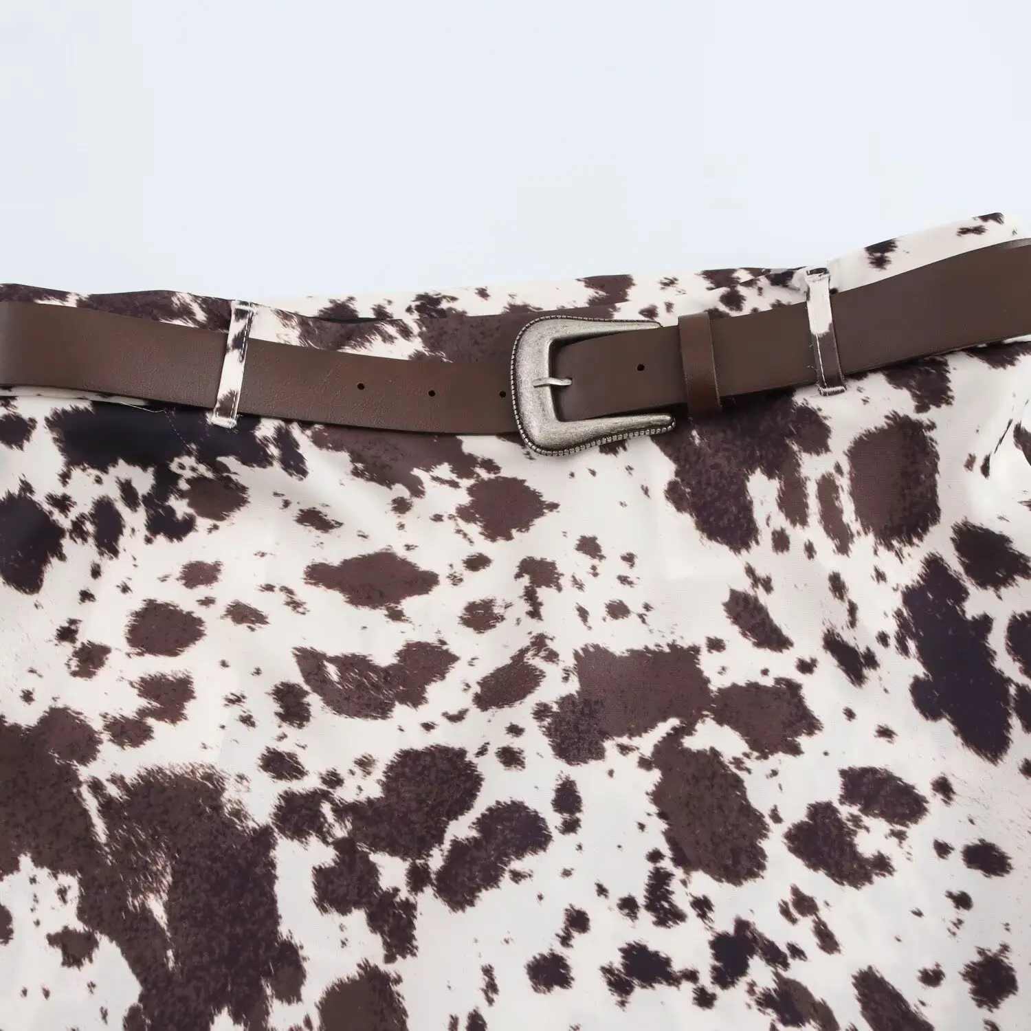 Cow Print Belted Silk Satin Mid-Length Skirt
