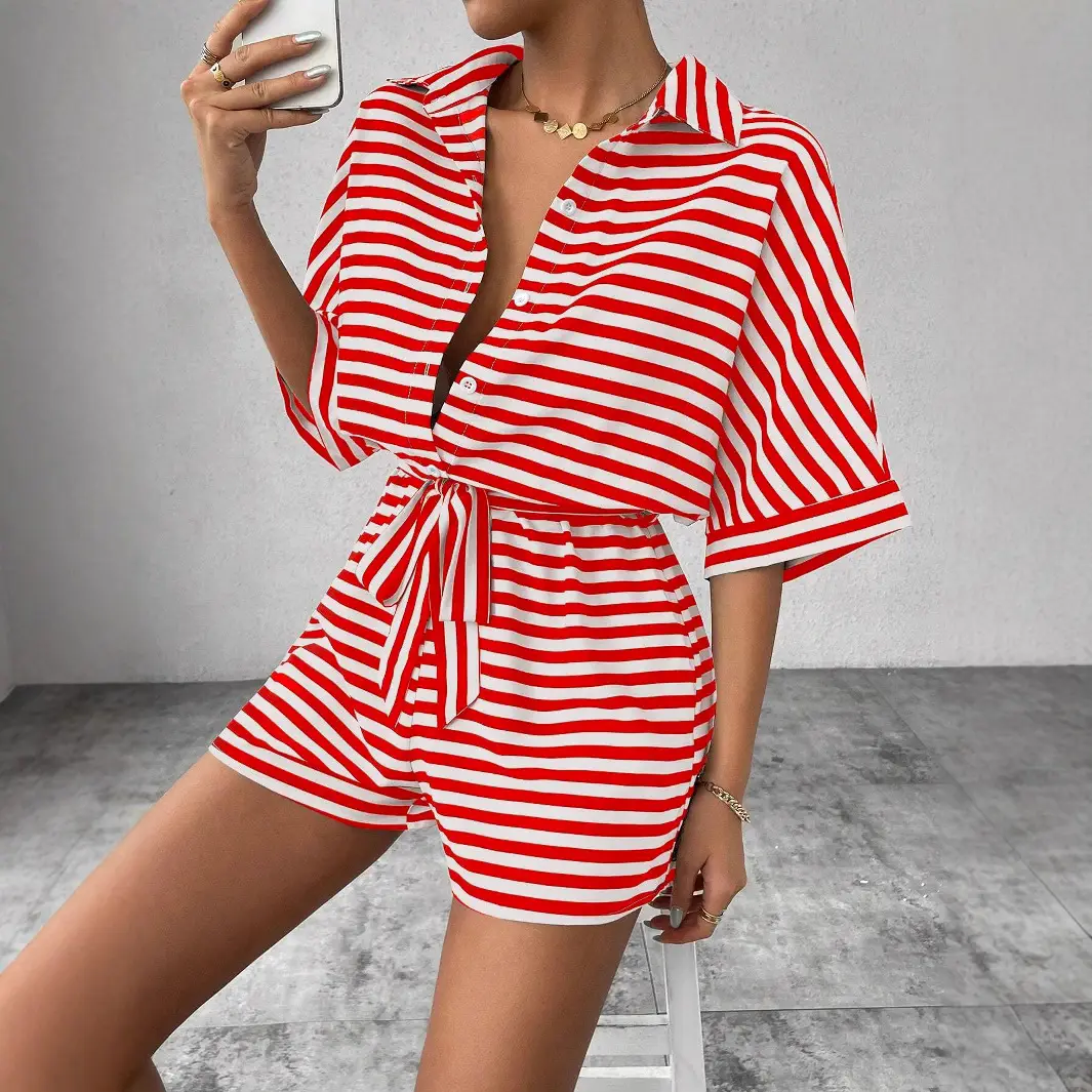 Women Striped Lapel Cardigan Belt Shorts Suit Red White - Image 7