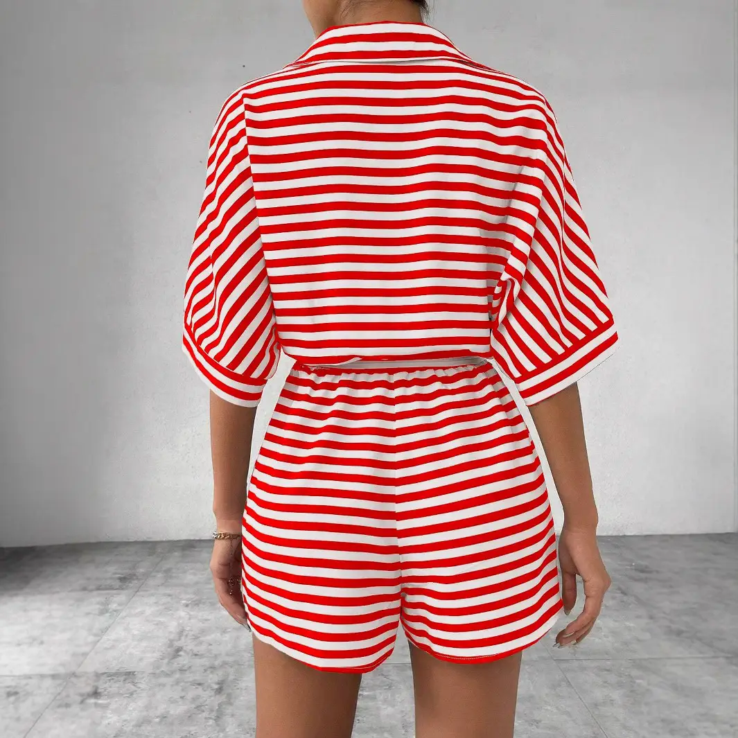 Women Striped Lapel Cardigan Belt Shorts Suit Red White - Image 8