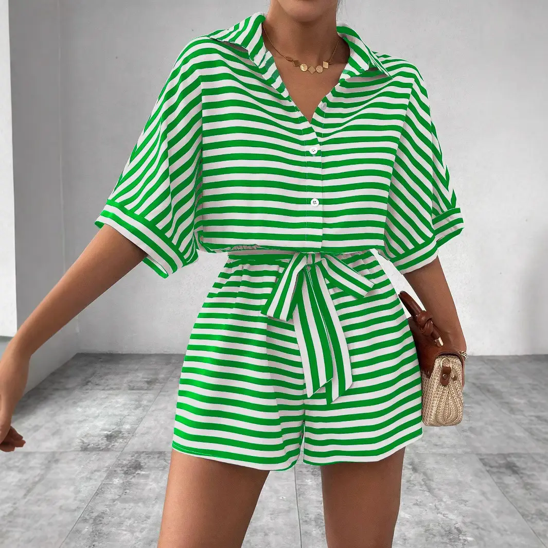 Women Striped Lapel Cardigan Belt Shorts Suit Red White - Image 10