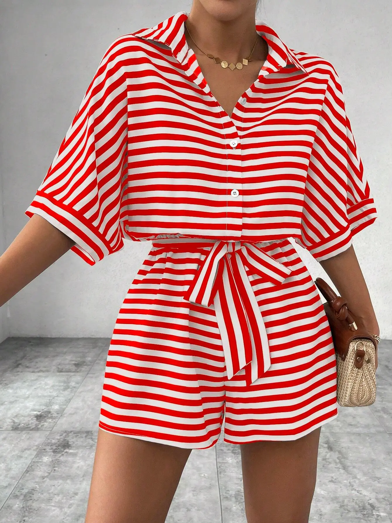 Women Striped Lapel Cardigan Belt Shorts Suit Red White — feature 10
