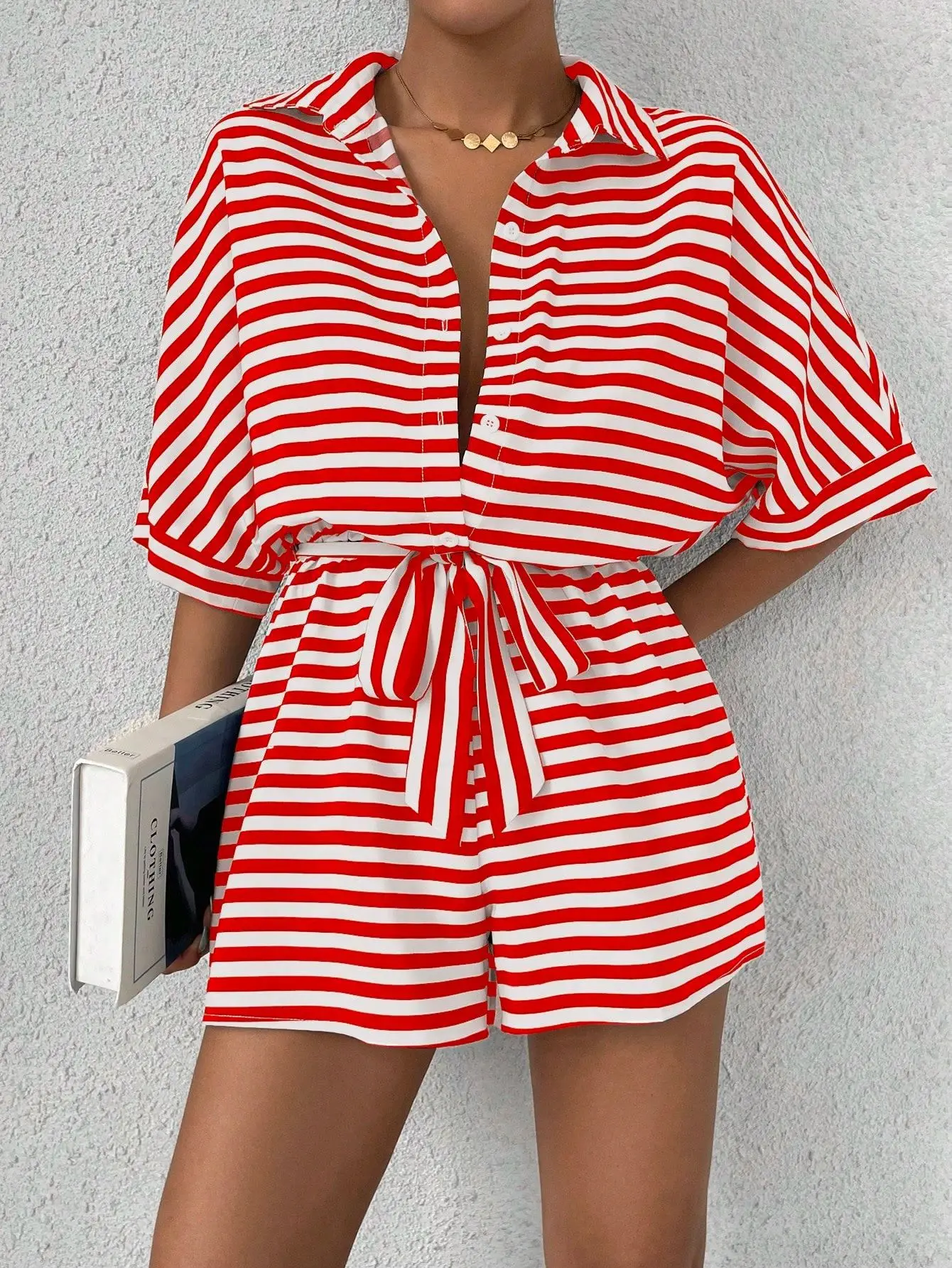 Women Striped Lapel Cardigan Belt Shorts Suit Red White — feature 11
