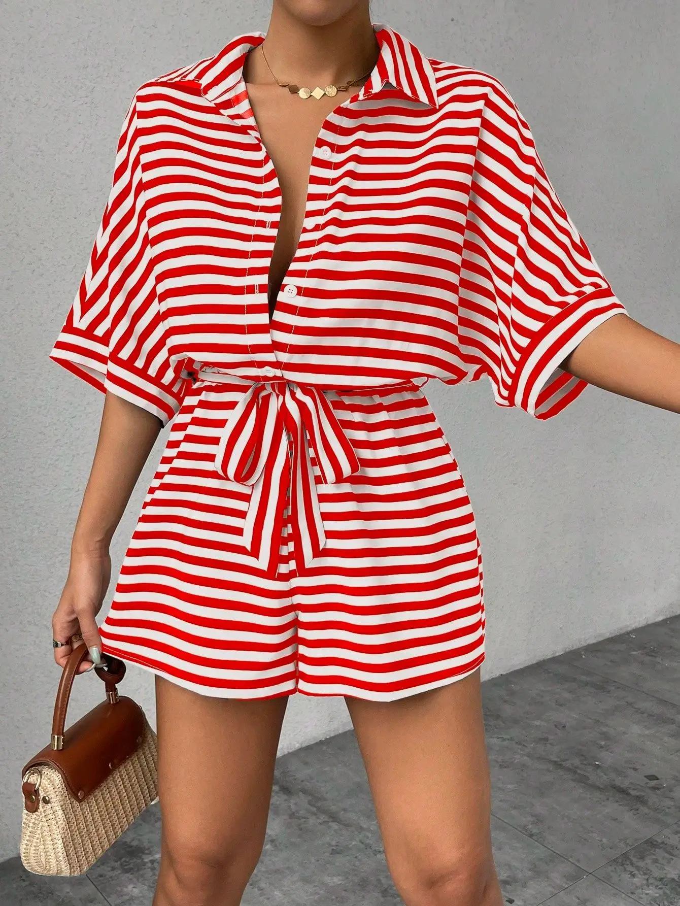 Women Striped Lapel Cardigan Belt Shorts Suit Red White — feature 13