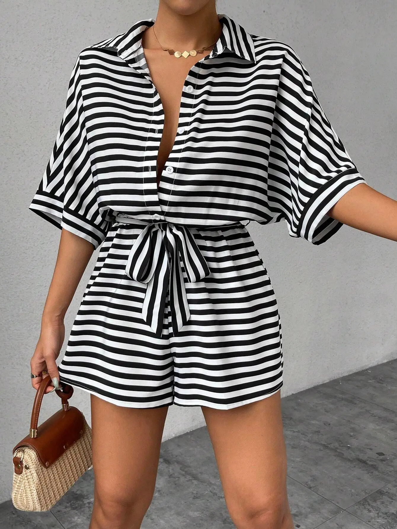 Women Striped Lapel Cardigan Belt Shorts Suit Red White — feature 15