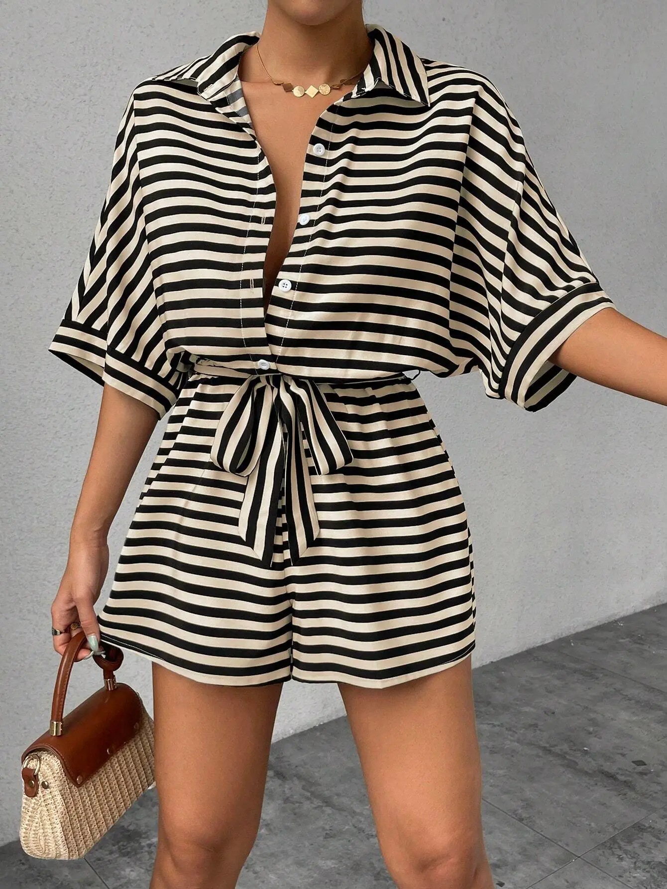 Women Striped Lapel Cardigan Belt Shorts Suit Red White — feature 21