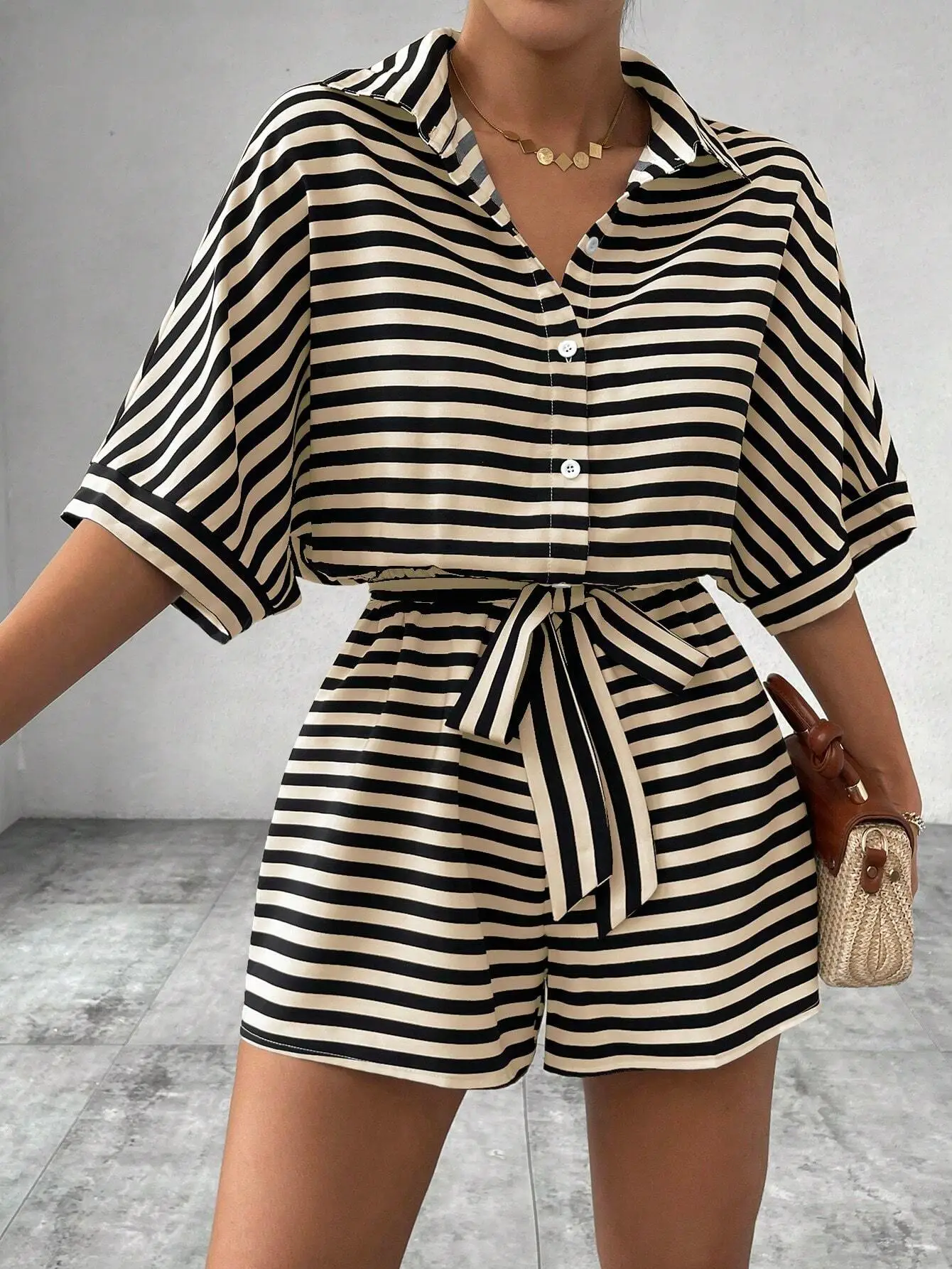 Women Striped Lapel Cardigan Belt Shorts Suit Red White — feature 24