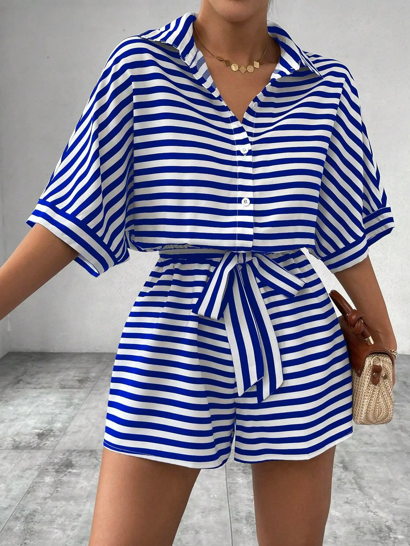 Women Striped Lapel Cardigan Belt Shorts Suit Red White — feature 30