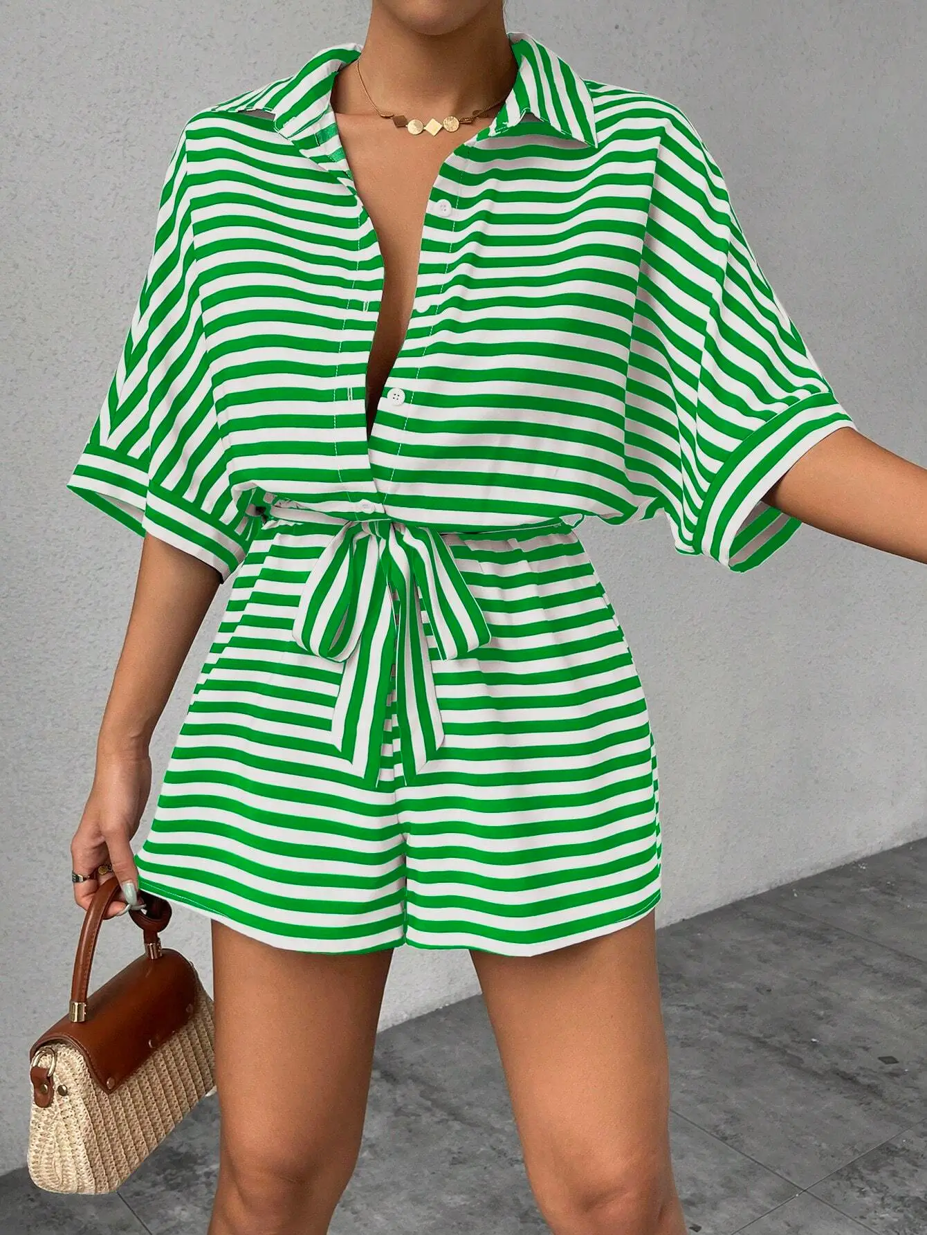 Women Striped Lapel Cardigan Belt Shorts Suit Red White — feature 33