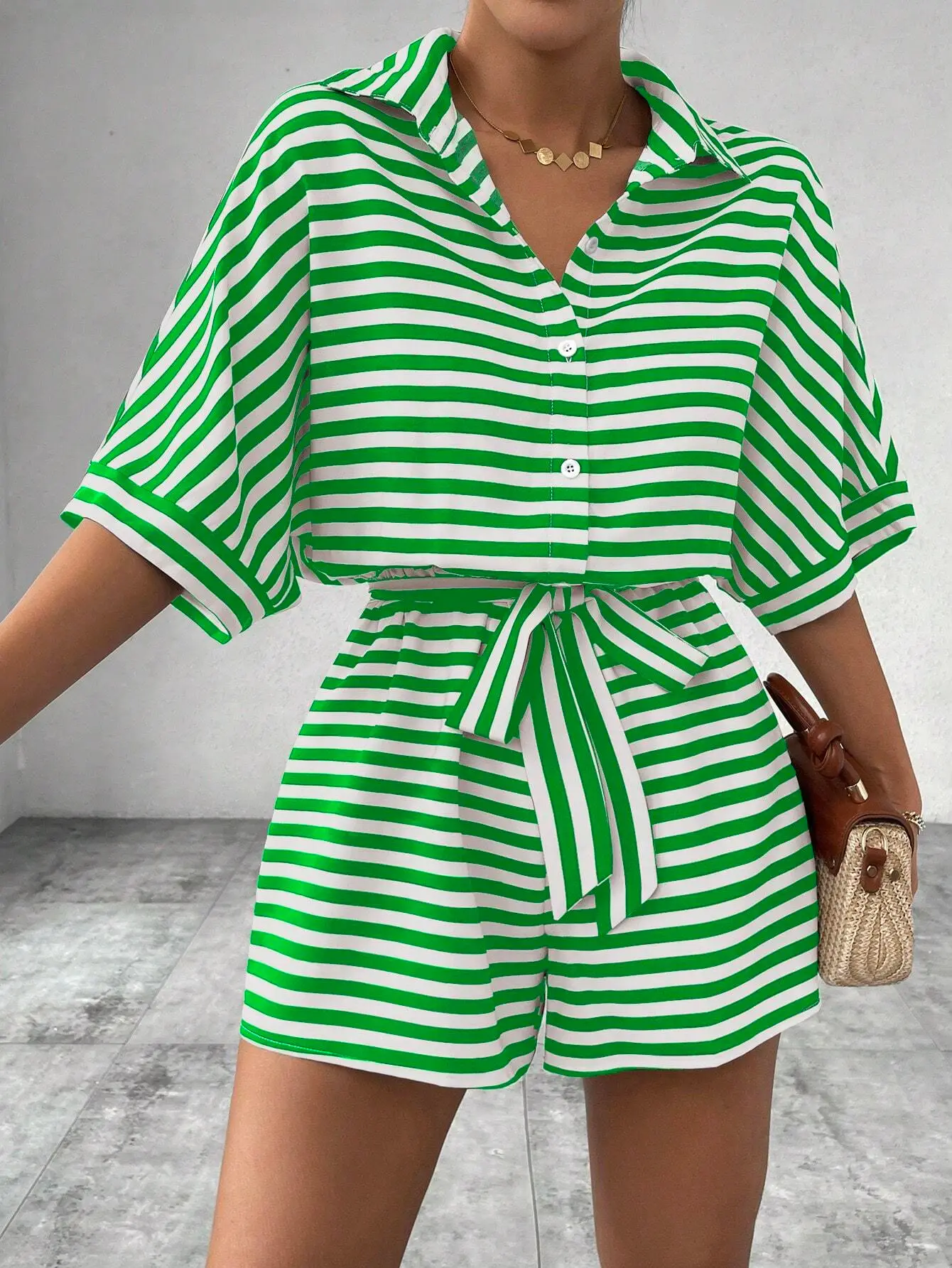 Women Striped Lapel Cardigan Belt Shorts Suit Red White — feature 35