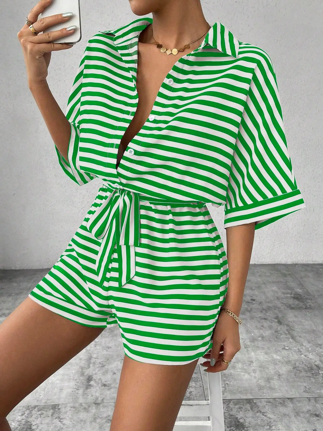 Women Striped Lapel Cardigan Belt Shorts Suit Red White — feature 37