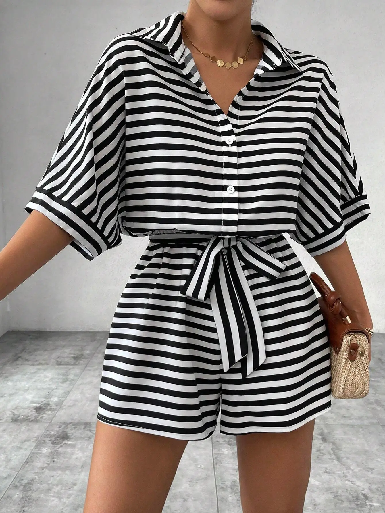 Women Striped Lapel Cardigan Belt Shorts Suit Red White - Image 4