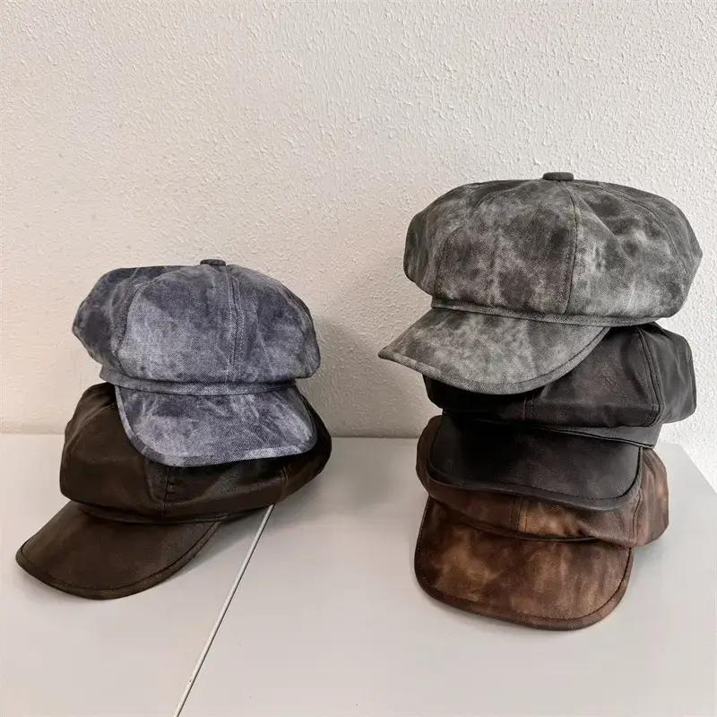Retro PU Leather Octagonal Cap Women Black - Image 7