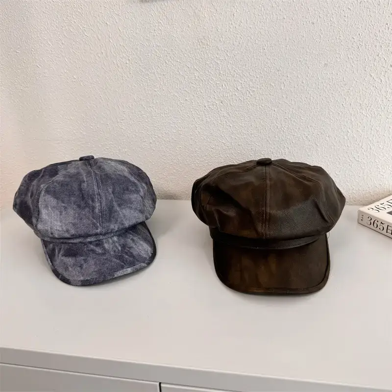 Retro PU Leather Octagonal Cap Women Black - Image 8