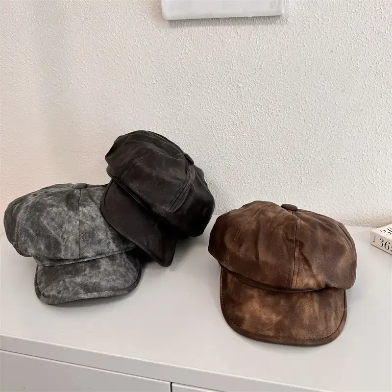 Retro PU Leather Octagonal Cap Women Black - Image 9