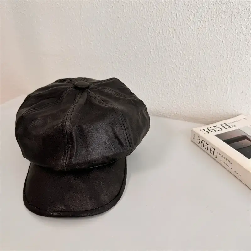 Retro PU Leather Octagonal Cap Women Black - Image 3