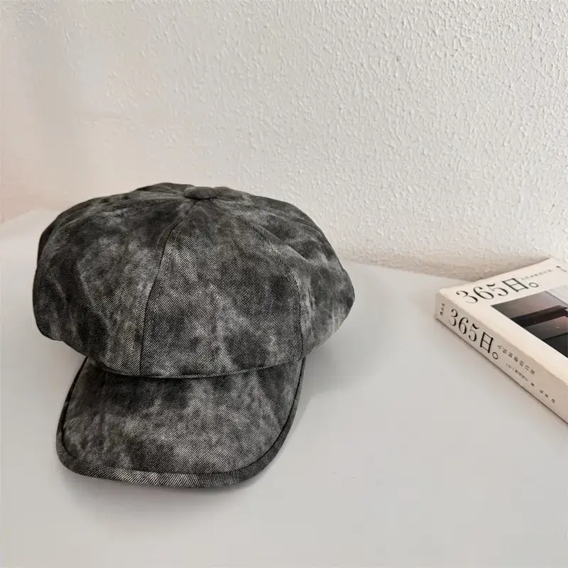 Retro PU Leather Octagonal Cap Women Black - Image 4