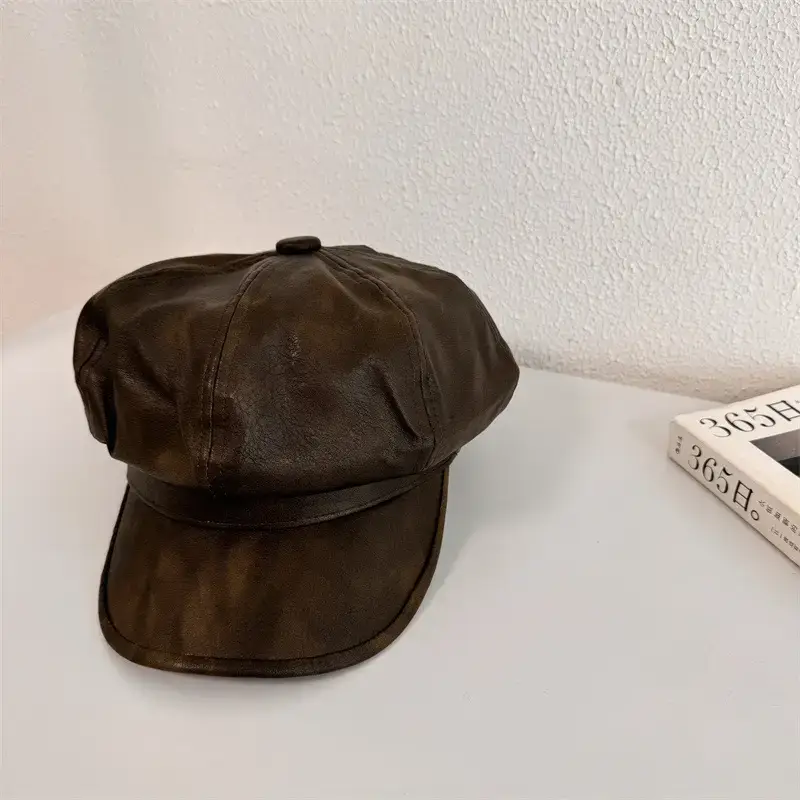 Retro PU Leather Octagonal Cap Women Black - Image 5