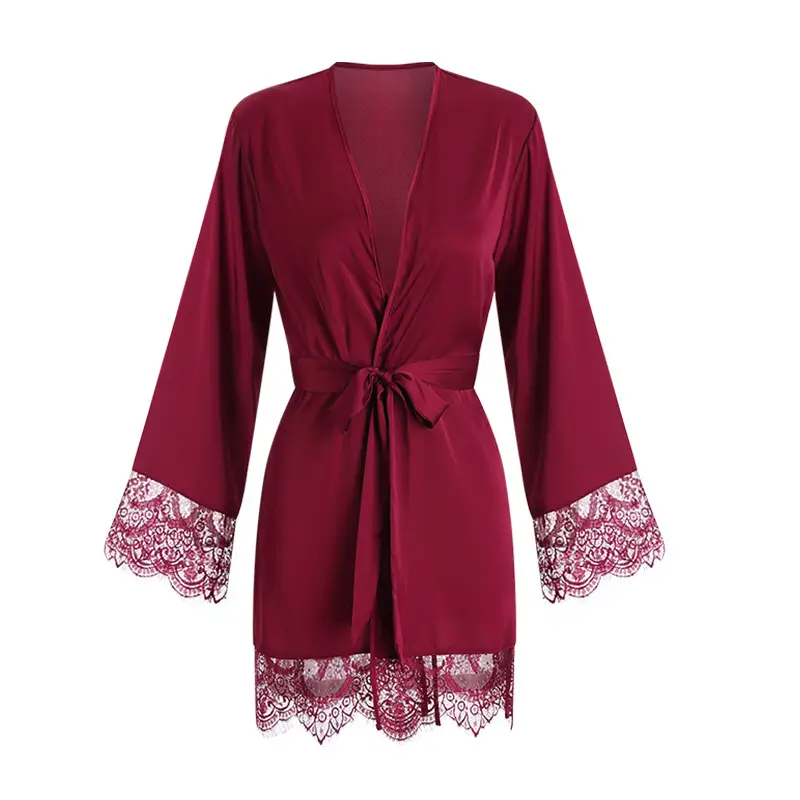 Guiruo Red Satin Lace Backless Nightgown Belted Robe - Image 7