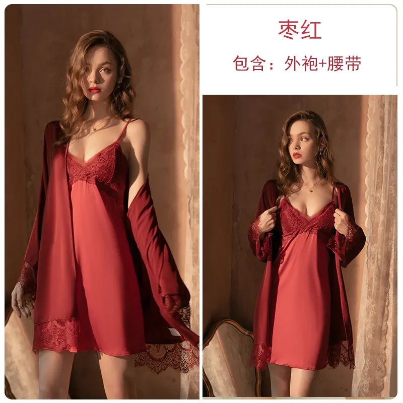 Guiruo Red Satin Lace Backless Nightgown Belted Robe - Image 2