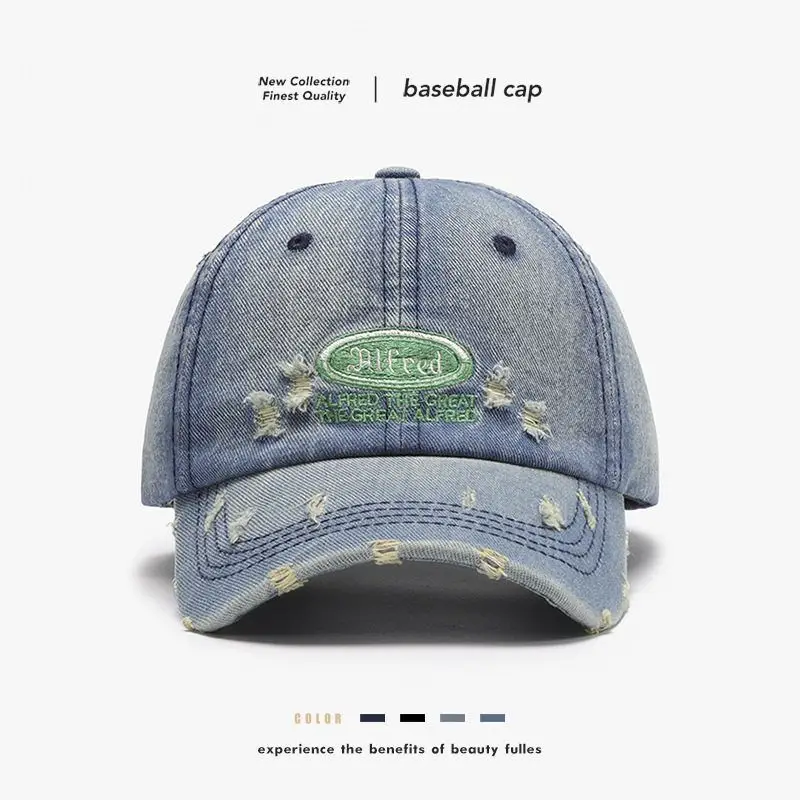 Unisex Letter Embroidered Baseball Cap Blue Washed - Image 6