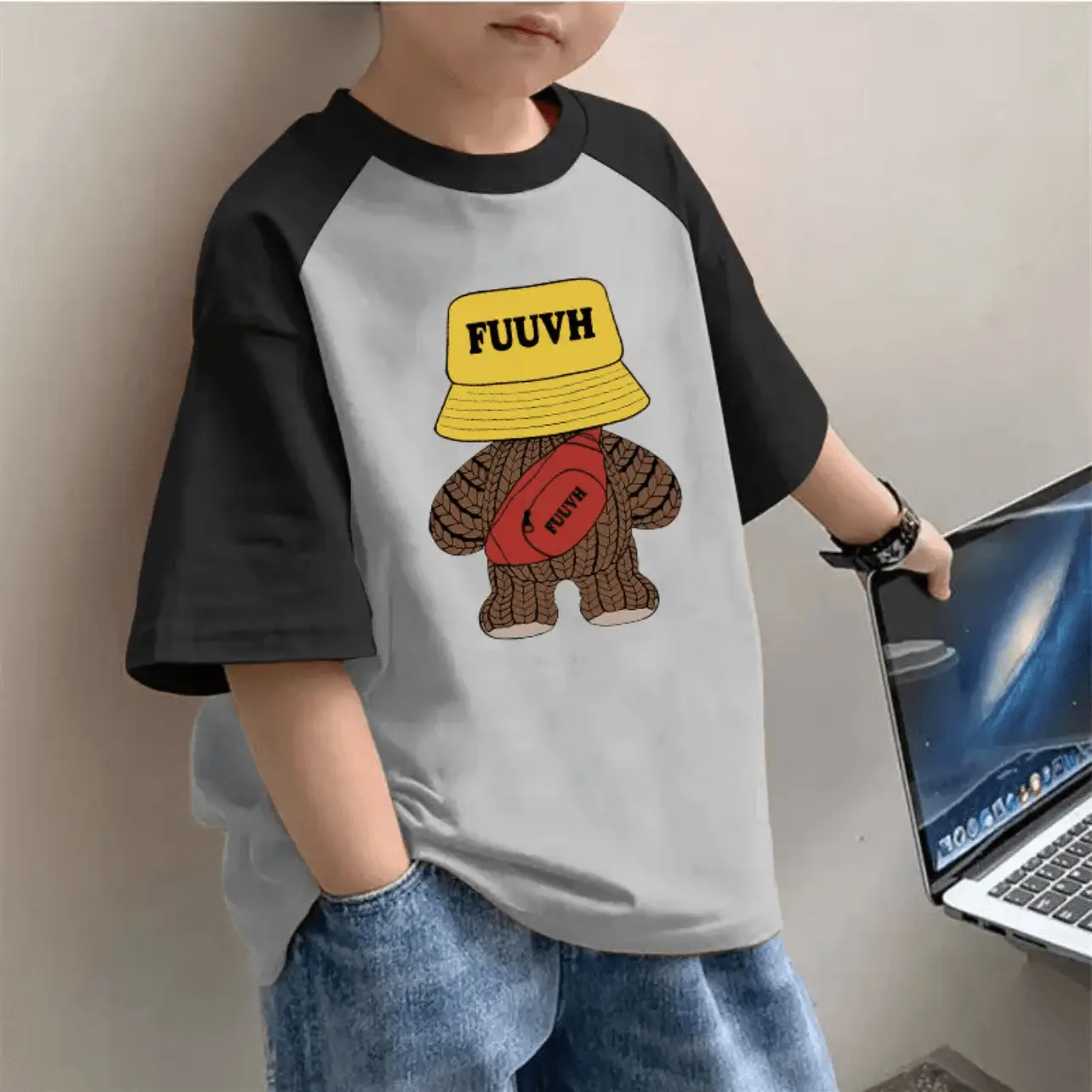 100% Cotton Boys T-Shirt Blue White Fuzzy Bear Design - Image 2